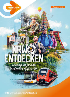Plakat von "NRW entdecken" auf dem mehrere Personen, Nahverkehrsmittel und Sehenswürdigkeiten aus NRW abgebildet sind.
