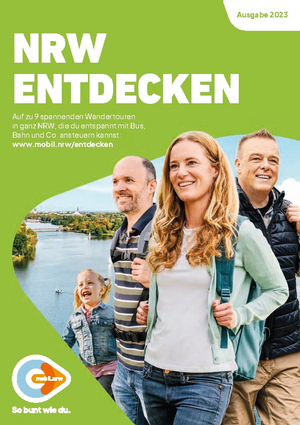 Plakat von "NRW entdecken" auf dem mehrere Personen mit Rucksäcken abgebildet sind.