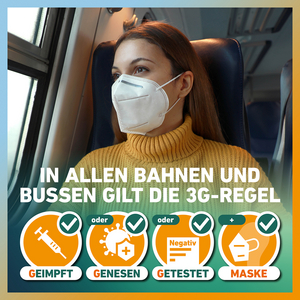 Abbildung der Corona Hygieneregelungen im Nahverkehr von NRW. Zu sehen ist eine Frau mit FFP2-Maske, die in einem Zug sitzt. Darunter sind Grafiken, welche die 3G-Regeln erläutern.